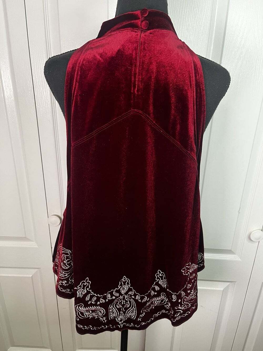 Free People Shirt Sz L Burgundy Velvet Bandana Festival Boho Hippie Embroidered - Picture 7 of 11